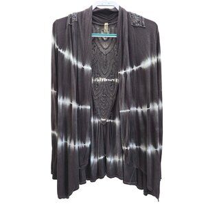 Lucie Lu Crochet Detail Open Front Waterfall Jersey Knit Cardigan Tie Dye Brown